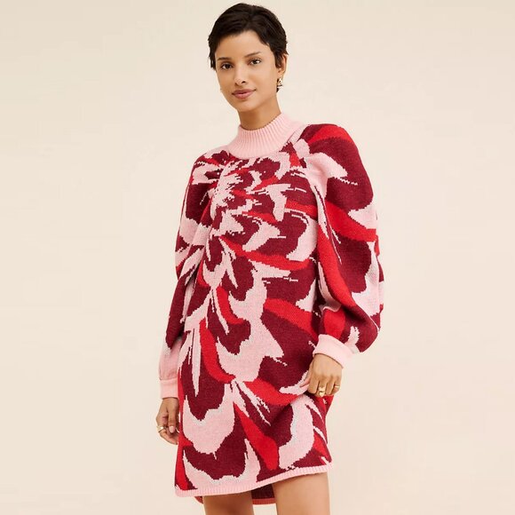 Farm Rio Flower Wool Knit Mini Christmas Holiday Sweater Dress NWOT - Picture 3 of 13